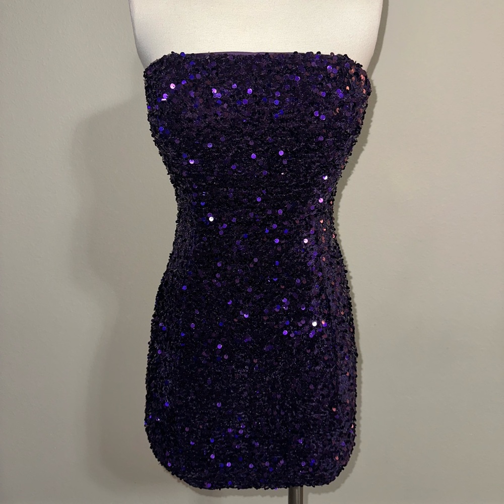 Purple Seaquin Strapless Mini Dress